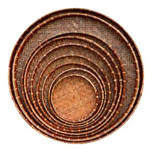 复古竹编圆簸箕家用收纳盘大小号无孔竹匾干货茶叶晾晒盘装饰老式