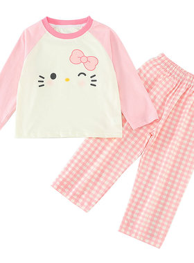 女宝宝纯棉睡衣春秋女童猫咪格子家居服套装分体套头小女孩空调服