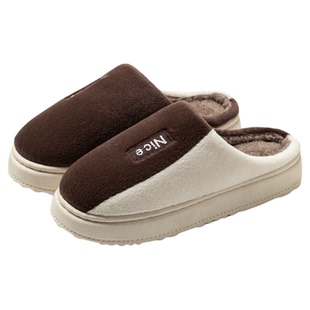 时尚拼色棉拖鞋男冬季2025新款毛绒保暖居家室内防滑静音棉拖女款