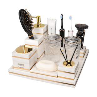 高档轻奢大理石卫浴洗漱套装托盘刷牙杯洗手台浴室用品样板间摆件