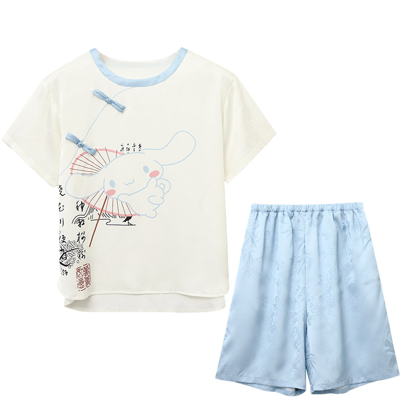 母女夏季冰丝卡通国风短袖家居服