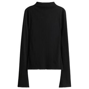 HM女装T恤春季罗纹高领上衣喇叭长袖气质打底衫1296049