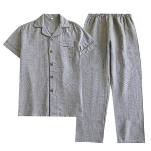 新款纯棉双层纱布睡衣男士夏季薄款短袖长裤日系格子风家居服套装