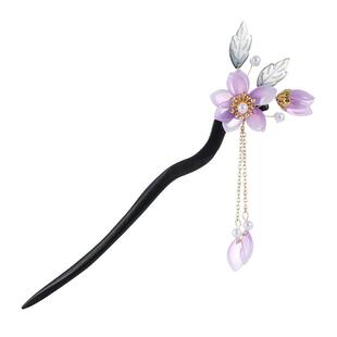 新中式木质发簪女日常通勤盘发发钗古风旗袍配饰头饰流苏花朵簪子