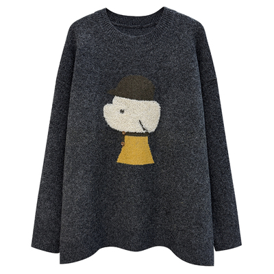 冬季加厚灰色小狗长袖纽扣毛衣女