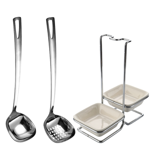 304不锈钢火锅汤勺漏勺方形高档餐厅商用汤勺架火锅店勺架托套装