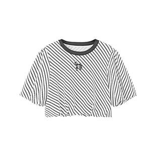 PIT复古条纹T恤黑白条纹上衣女2025夏季新款泡泡袖正肩短袖小衫