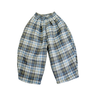 儿童冬季加绒裤子2025新款男童休闲格子毛呢裤宝宝加厚镰刀阔腿裤