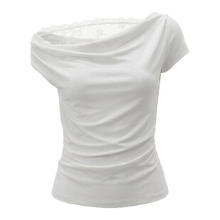 FDR官方店 巨好看蕾丝斜肩上衣白色高级感修身短袖t恤女2026新款