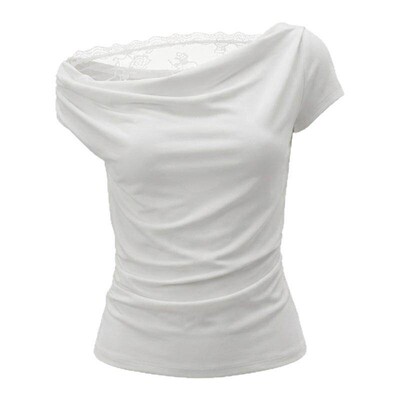 FDR官方店蕾丝斜肩短袖t恤上衣