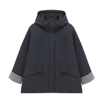 Basic House/百家好连帽工装羽绒服格子拼接宽松派克服外套冬保暖