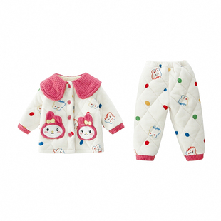 女童加棉三层加厚睡衣套装2025新款儿童洋气时髦过冬家居服两件套