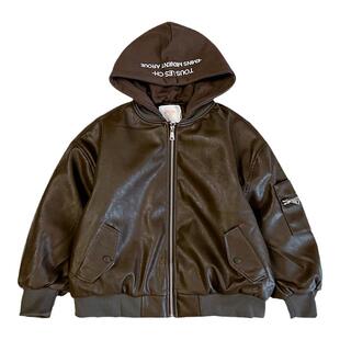 男童夹棉皮衣冬款新款中大童新年款加厚洋气亲子连帽棉服外套