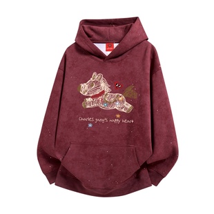 查尔斯桃心红色马年扎染连帽卫衣男春秋季2026新款百搭情侣上衣潮