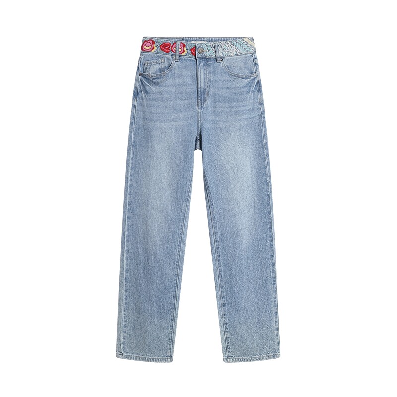 Desigual26秋冬新品玫瑰刺绣水洗高腰九分直筒女式牛仔裤