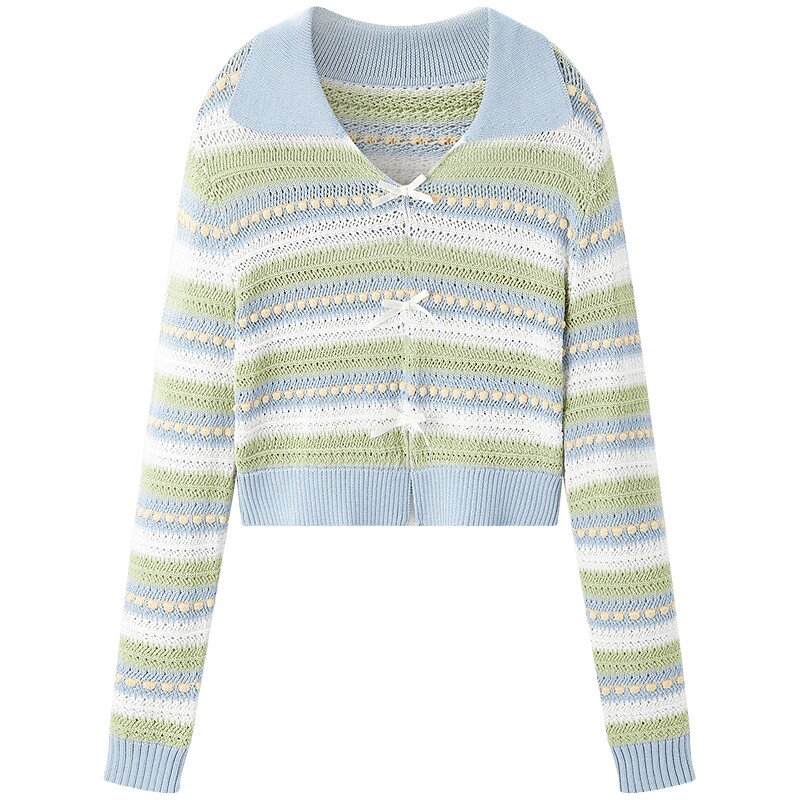 乐町春季套头彩条polo衫女毛针织衫蝴蝶结撞色翻领上衣C1EEE1515