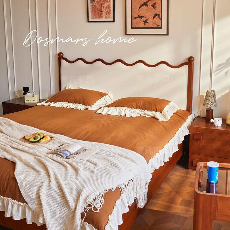 法式复古实木床1.8m胡桃色涟漪床1.5m中古风双人白蜡木主卧室大床