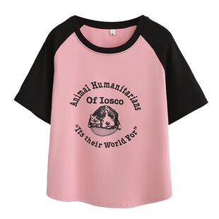 撞色插肩袖印花T恤女大码夏装新品胖mm宽松显瘦百搭休闲短袖上衣