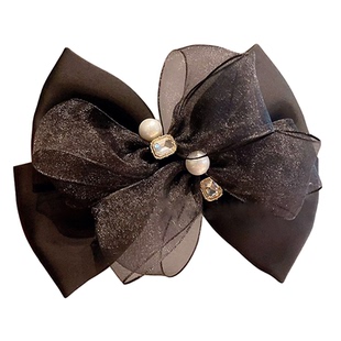 韩国黑色蝴蝶结发夹高级感小众设计欧根纱珍珠后脑勺弹夹新款发卡