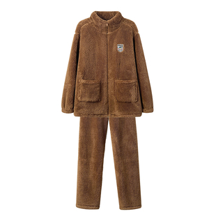 文森熊猫雪花绒秋冬家居服睡衣男士可外穿加绒加厚法兰绒套装