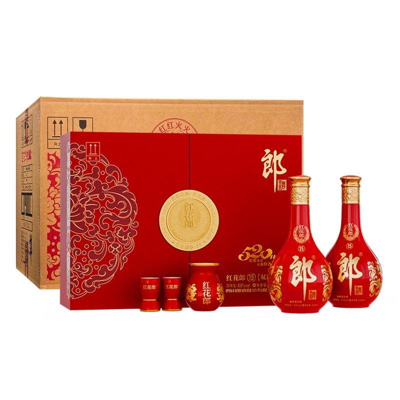 郎酒红花郎酒15 酱香型白酒53度 520mL*2瓶 整箱装4盒 送礼