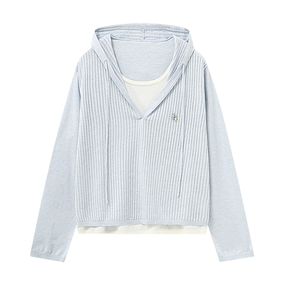 Basic House/百家好假两件连帽针织衫女春季竖纹宽松休闲套头上衣