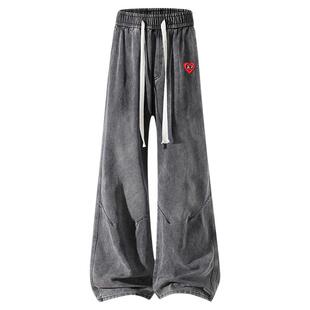 查尔斯桃心美式复古牛仔裤男秋冬季磨白水洗条纹拼接阔腿长裤子潮