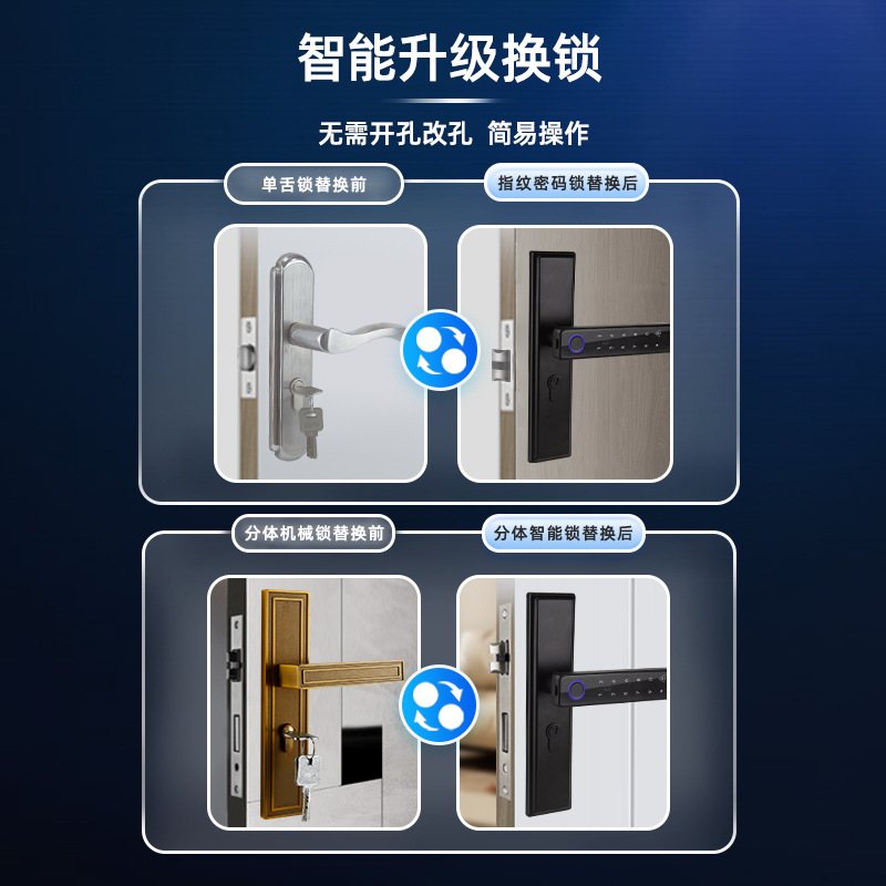 木门指纹锁家用卧室房间门锁密码锁开轻奢具免智能换直涂鸦孔临时
