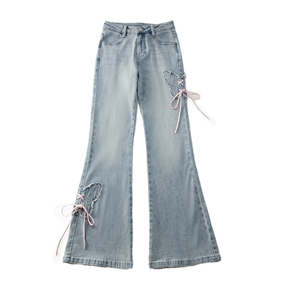 美式复古蝴蝶刺绣微喇牛仔裤子