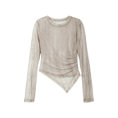 UNOBLE 晕染水墨画网纱不规则长袖t恤女 春夏新品内搭透视打底衫