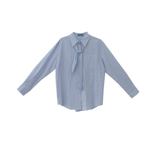 LONSLAN 2023秋季新款百搭学院风宽松翻领长袖领带条纹衬衫上衣女