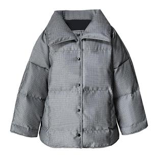 诗都奇秋冬新款小千鸟格精纺羊毛御寒小棉被可脱卸领95鹅绒羽绒服