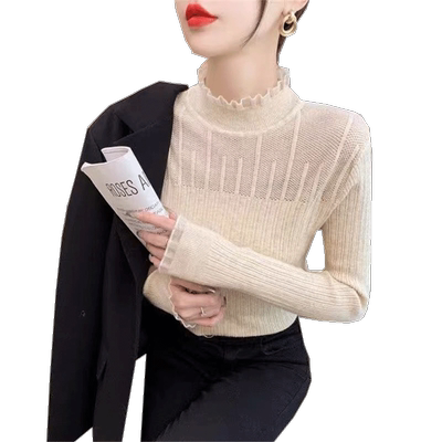 半高领一体绒蕾丝长袖修身打底衫