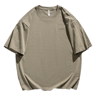 男士竹节棉t恤美式短袖男夏季2026新款卡其色上衣重磅体恤情侣装