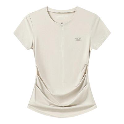 CryingCenter 凉感系列圆领前中开襟隐形拉链两侧褶皱短袖上衣