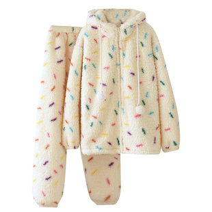 秋冬羊羔绒睡衣女休闲拉链长袖家居服套装保暖珊瑚绒睡袍宽松加厚