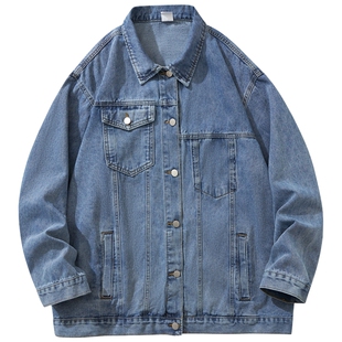 黑色美式牛仔外套男秋季复古翻领工装夹克ins潮牌情侣款休闲上衣