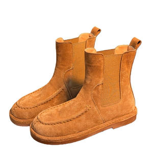 磨砂真皮圆头厚底切尔西短靴女2025冬季新款加绒雪地靴平底马丁靴