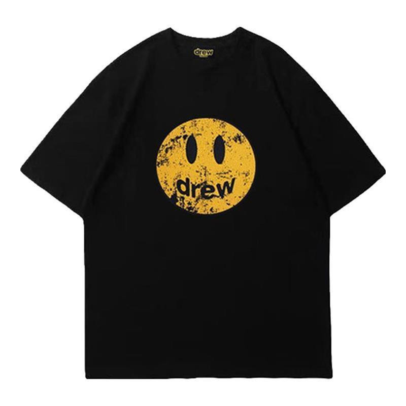 做旧笑脸美式T恤潮牌高街学生潮牌宽松百搭INS情侣纯棉上衣美式衫