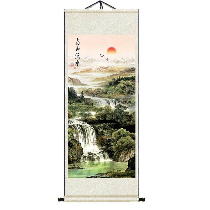 聚宝盆招财客厅高山流水条幅壁画