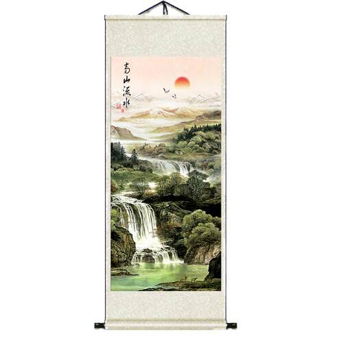 山水画聚宝盆招财客厅办公室高山流水条幅装饰壁画丝绸卷轴字挂画