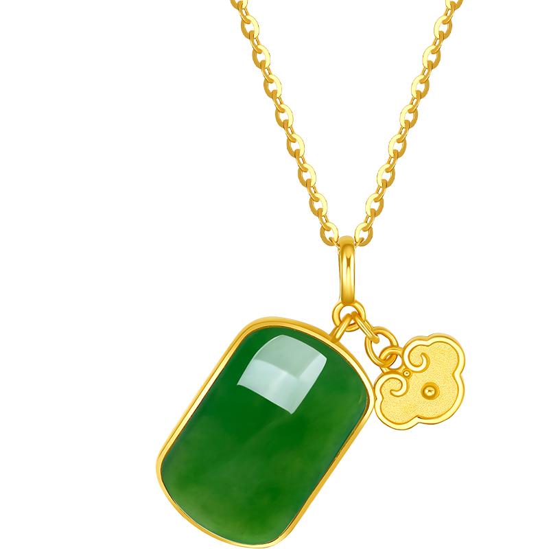 周六福和田玉吊坠女金镶玉黄金足金吉福无事牌玉坠挂件节日礼物