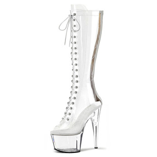 透明恨天高性感钢管舞高筒靴15cm大码20cm防水台女靴不累脚细跟