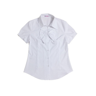 涤纶雪纺弹力白衬衣短袖方形衬衫女士春夏季职业酒店工作服蝴蝶结