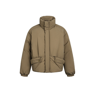 咕噜喔  冬季保暖日系复古简约宽松白鸭绒短款卡其色立领羽绒服