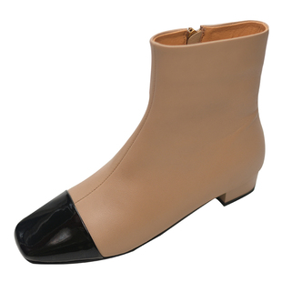 步享~羊皮短靴女软底黑色小香风方头拼接平底真皮百搭瘦瘦靴杏色