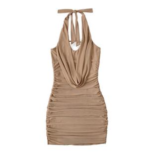 怪力酱 性感纯欲挂脖连衣裙女夏季辣妹收腰无袖蓝色网纱包臀裙子