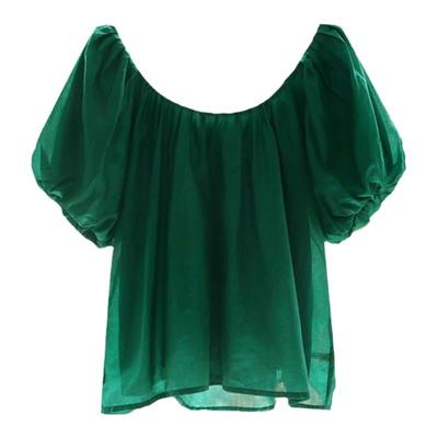 度假风短袖天丝亮丝绿色衬衣小衫