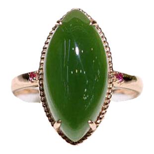 暑期礼品和田玉马眼戒指女18K黄金镶嵌菠菜绿碧玉指环天然玉石a货