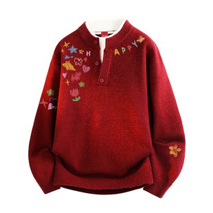 查尔斯桃心马年红色撞色假两件亨利领毛衣冬季慵懒圣诞针织上衣潮